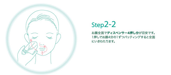 ステップ2-2.お顔全体でディスペンサー4押し分が目安です。1押しでお顔4分の1ずつパッティングすると全面にいきわたります。